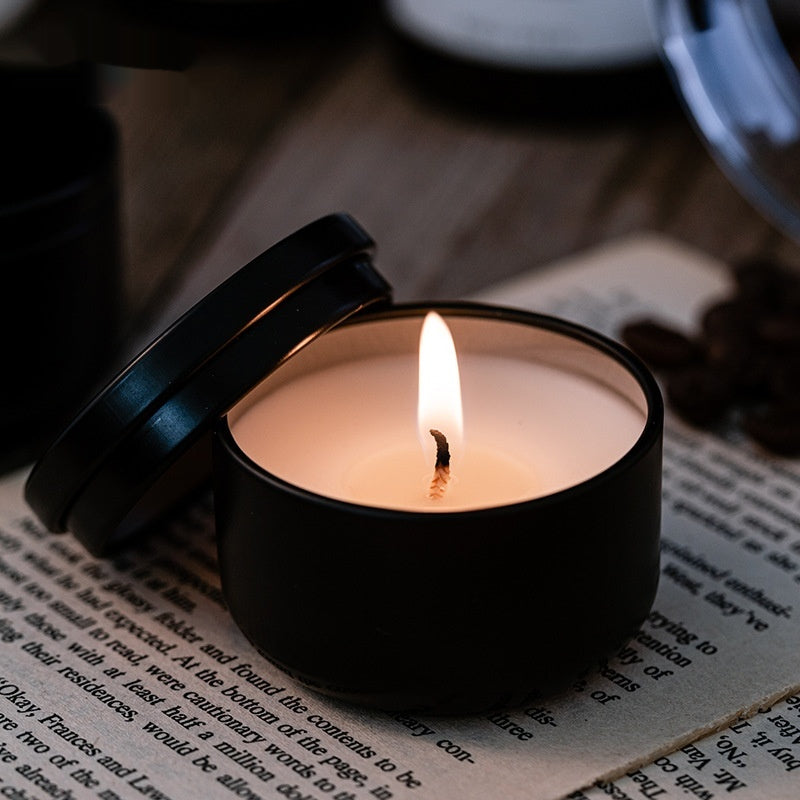 small soy wax travel candle in black iron tin