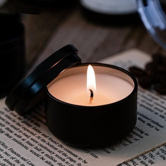 small soy wax travel candle in black iron tin