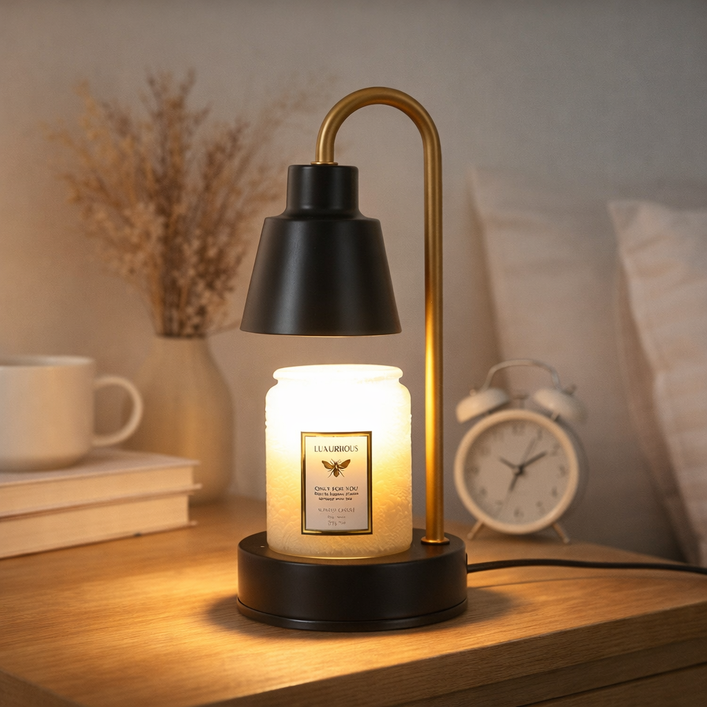 Candle warmer lamp with dimmable light melting scented jar candle on marble surface