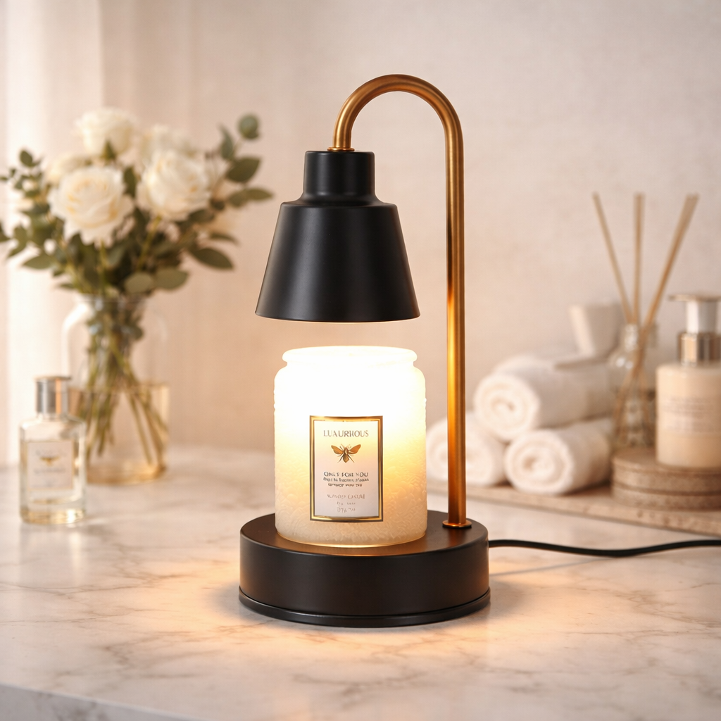 Dimmable wax melt fragrance lamp creating warm ambient lighting in modern home setting