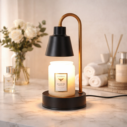 Dimmable wax melt fragrance lamp creating warm ambient lighting in modern home setting