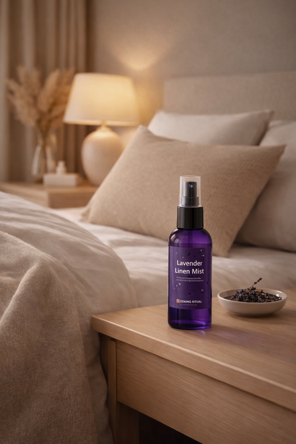 lavender aromatherapy sleep spray placed next to pillow in neutral luxury bedroom